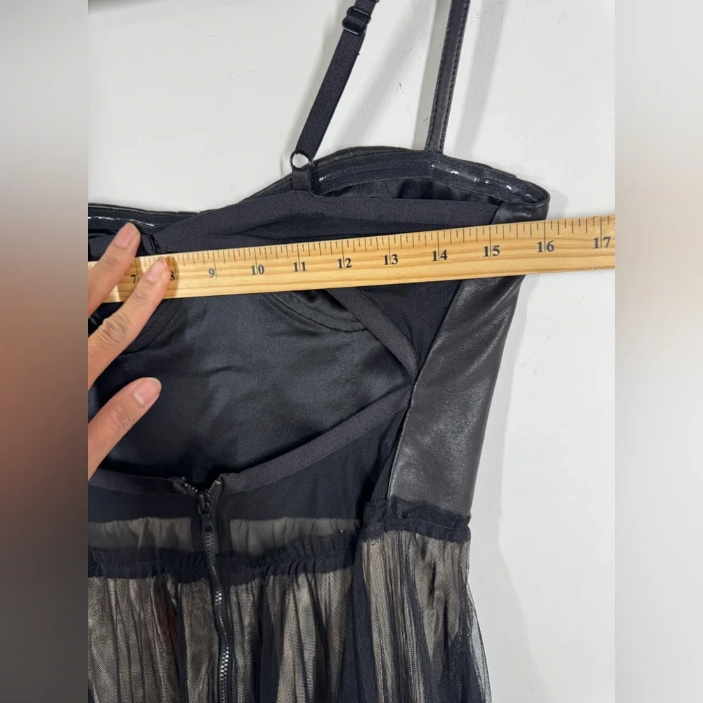 Alice + Olivia Leather Tulle Dress Black Fit Flare Party Mini Size 6 Dark Goth - Picture 7 of 15
